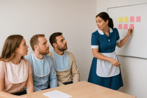 Babá mexendo nos post-its enquanto equipe olha.